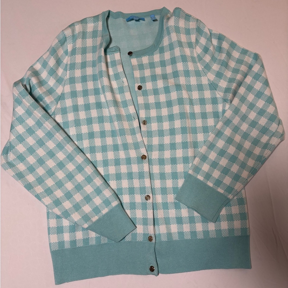 Draper James Aqua Checkered Cardigan